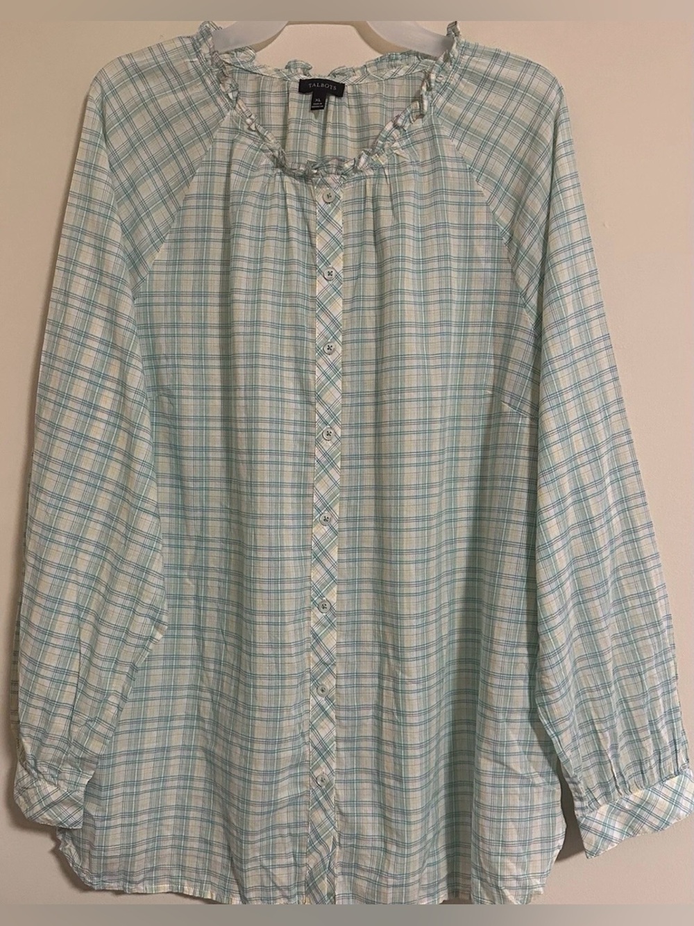 TALBOTS Shirt Womens XL Button Up Blouse Top Long Sleeve Green Semi-Sheer